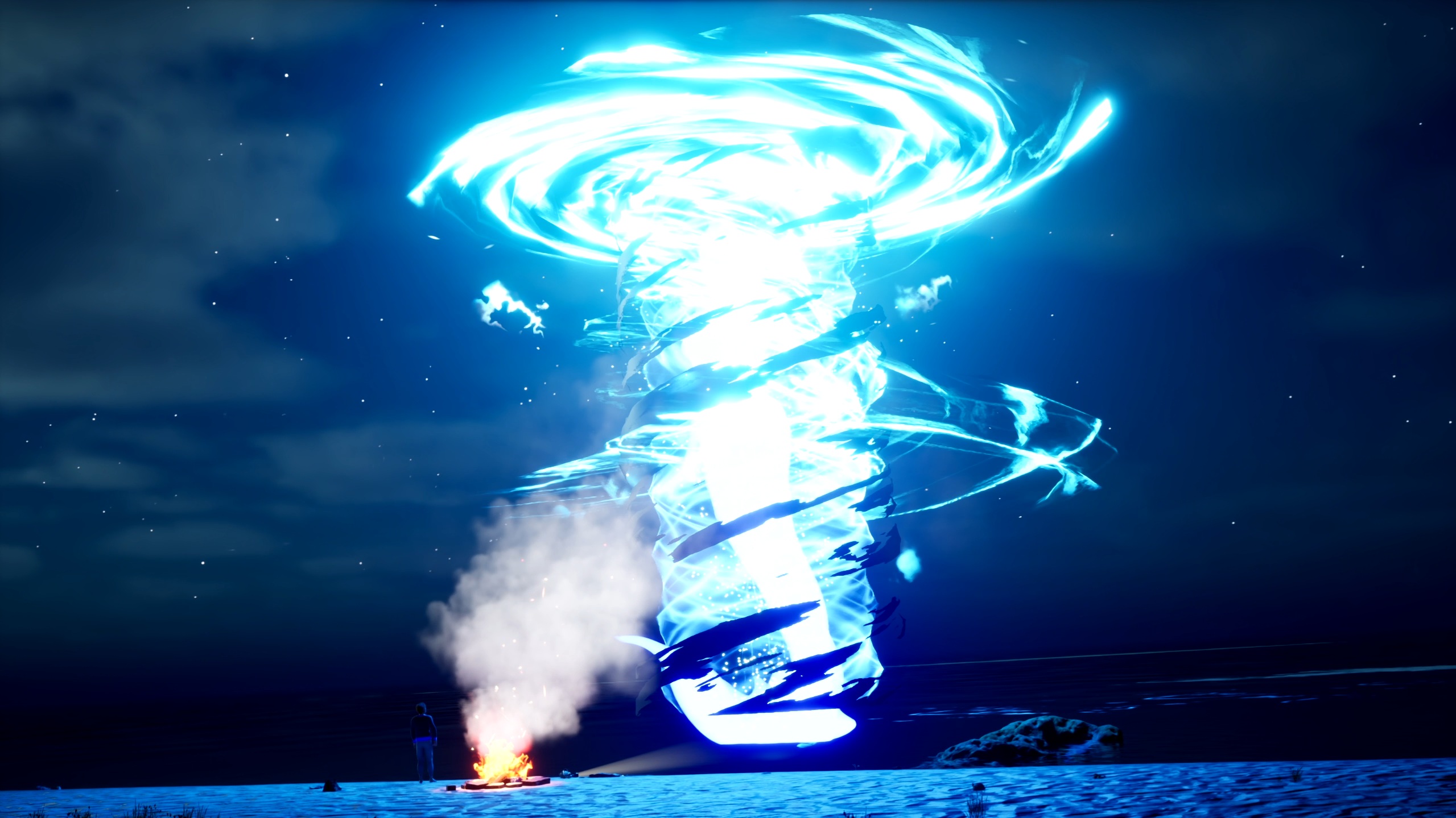 A bright blue energy formation over a beach at night