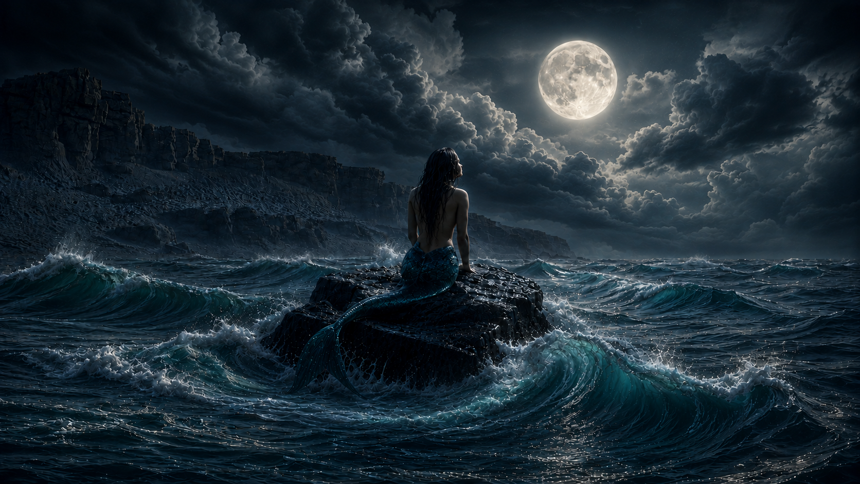 A moonlit sea and a figure on a rock, key art for Dark Waves